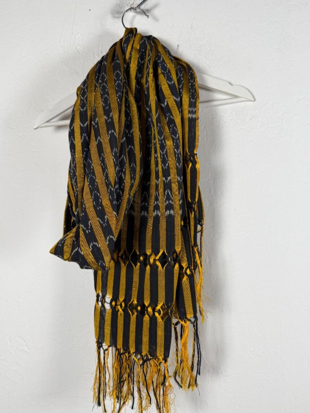 Handwoven Yellow Black Striped Scarf With Fringe 84"x26" Lightweight Boho Style